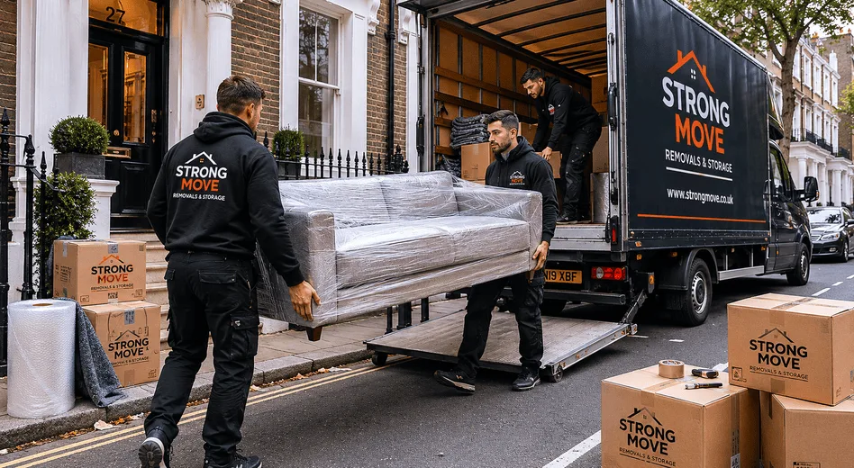 Strong Move team loading protected furniture into a branded removal truck in London
