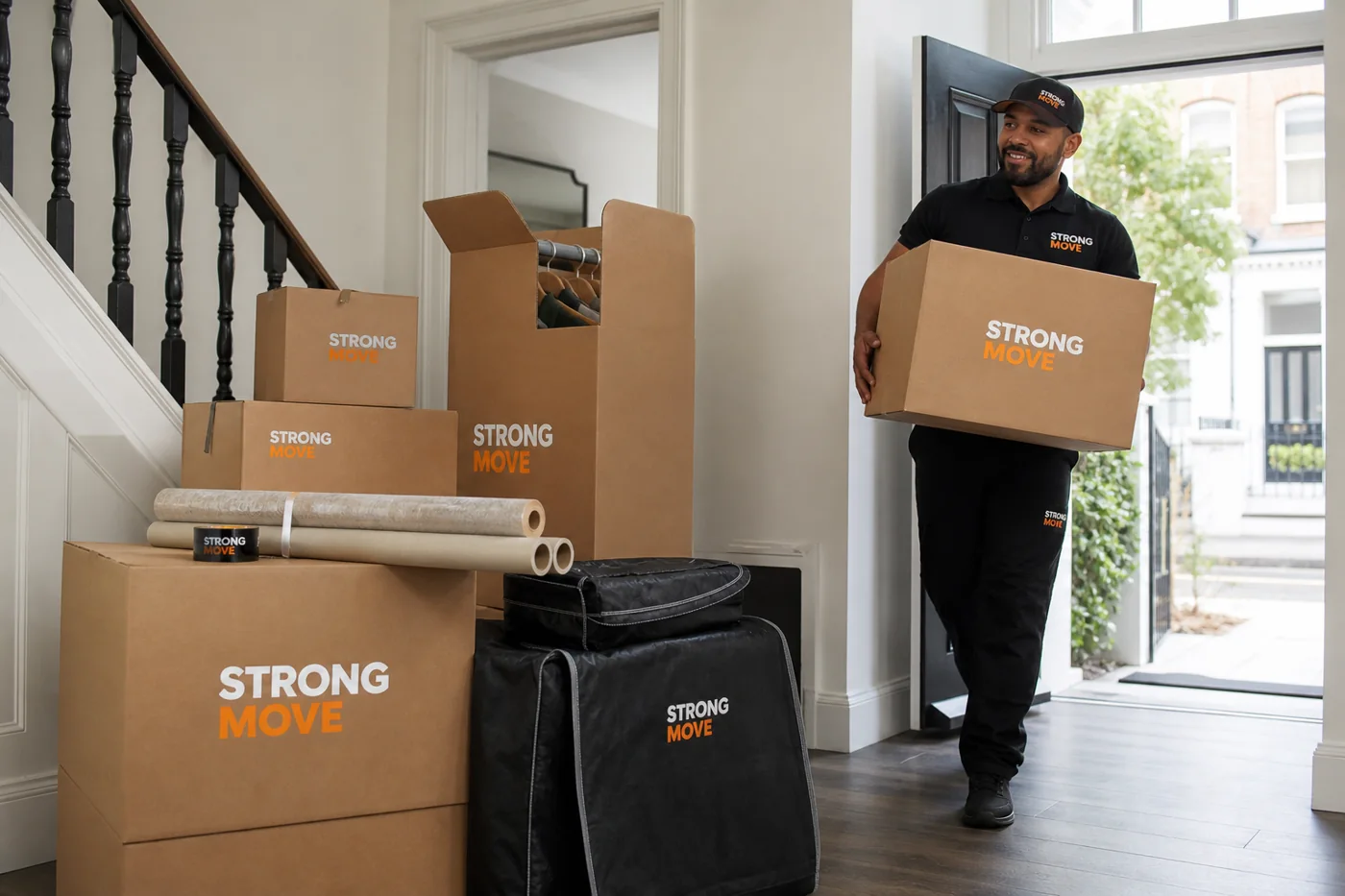 Strong Move branded movers preparing protected furniture during a London removal