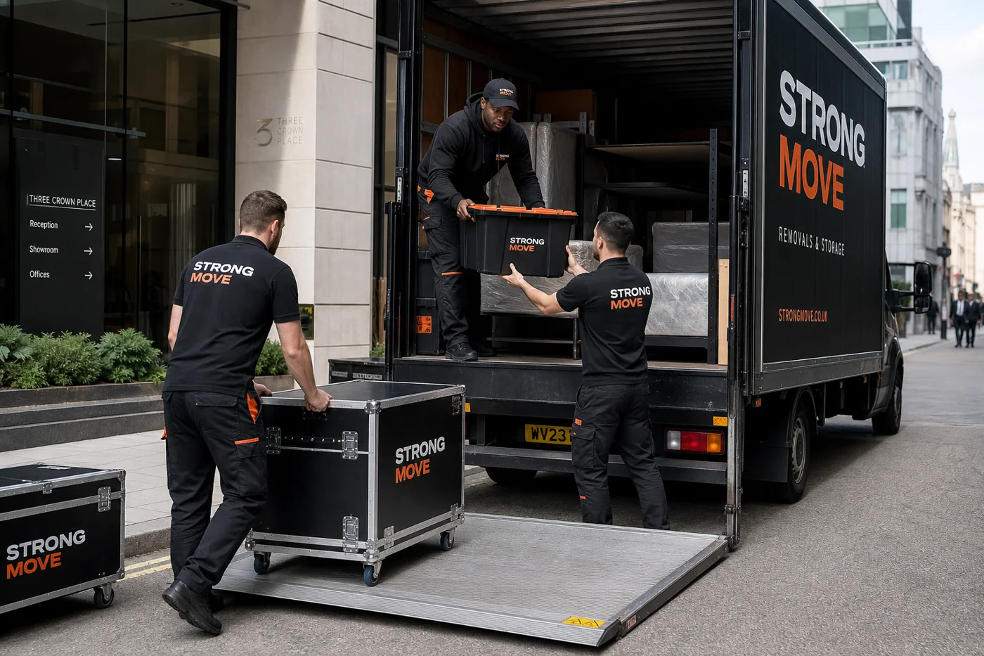 Strong Move branded movers preparing protected furniture during a London removal