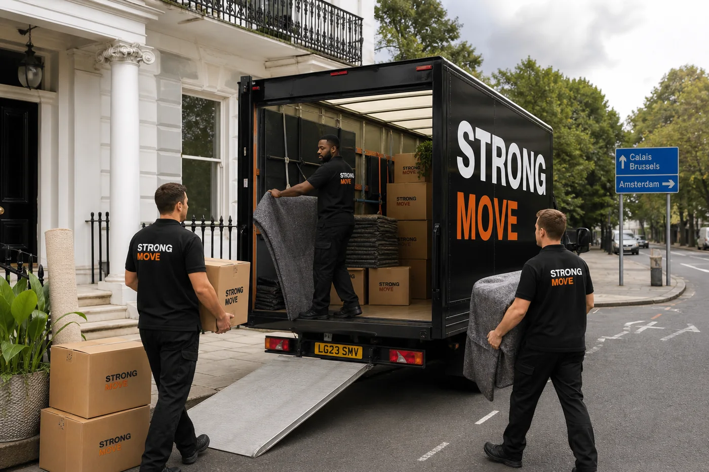Strong Move branded movers preparing protected furniture during a London removal