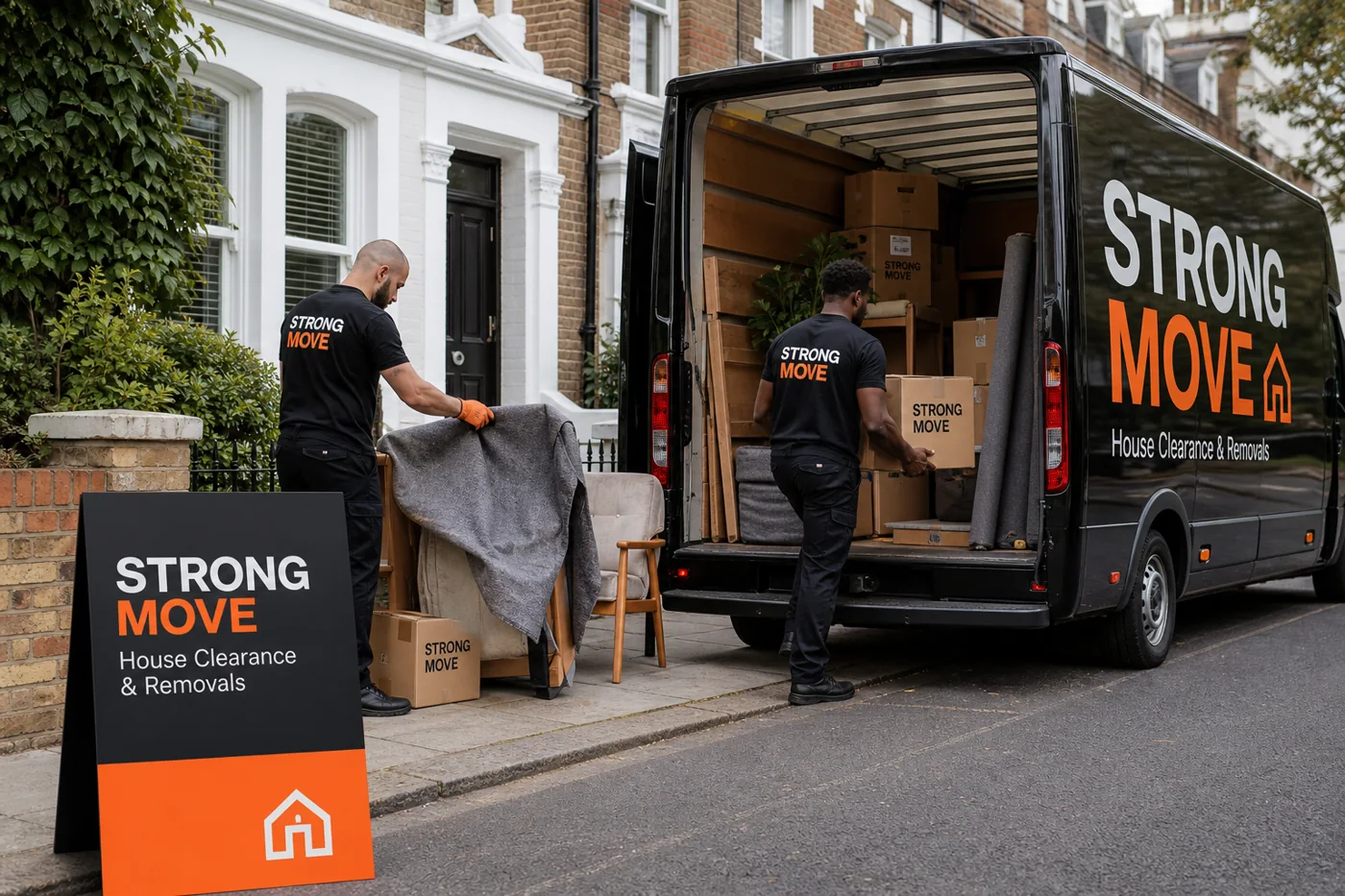 Strong Move branded movers preparing protected furniture during a London removal