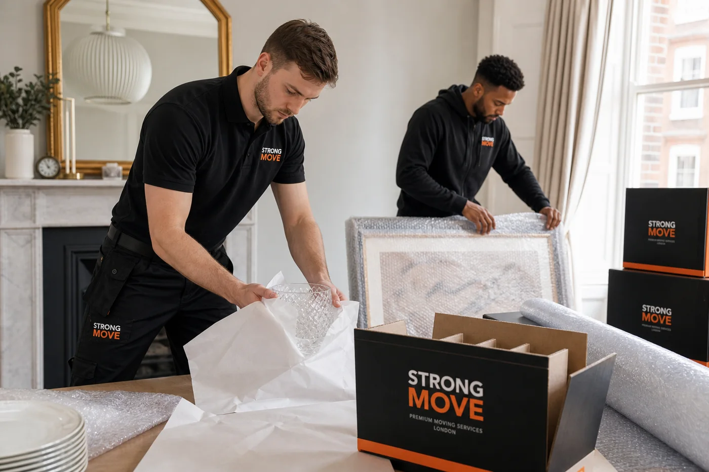 Strong Move branded movers preparing protected furniture during a London removal
