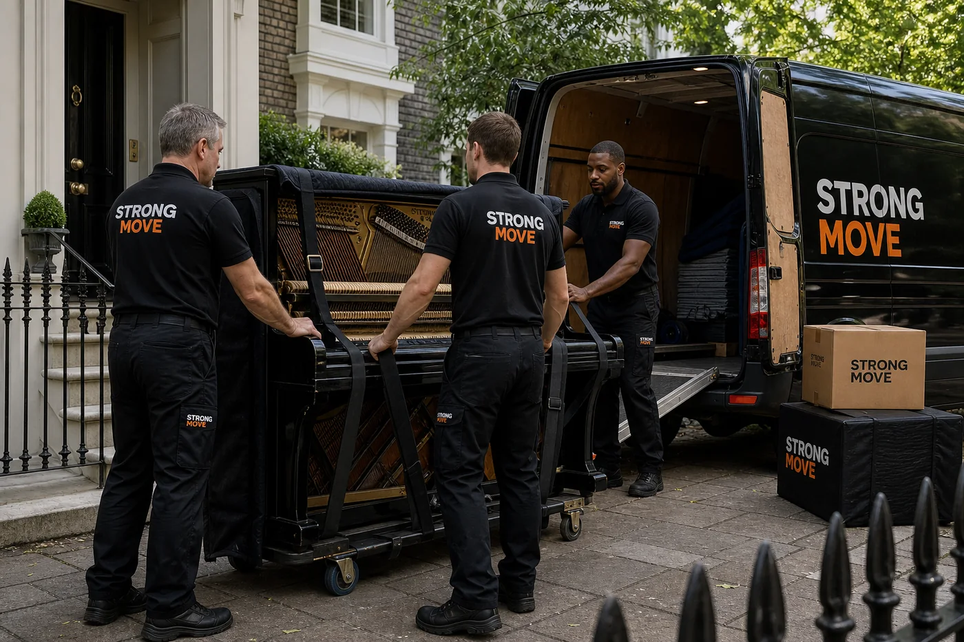 Strong Move branded movers preparing protected furniture during a London removal