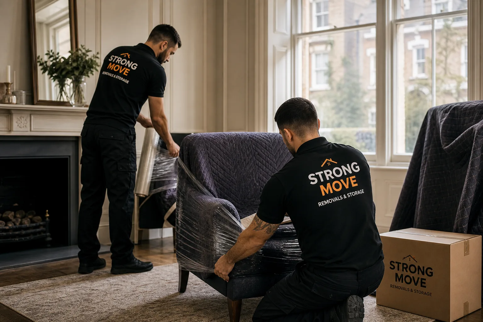 Strong Move team in branded uniforms professionally wrapping furniture